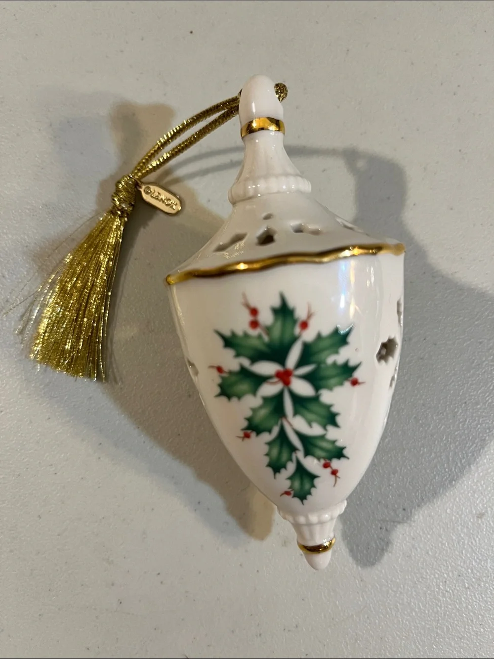 Lenox White, Green and Gold Holly Tassel Bell Ornament